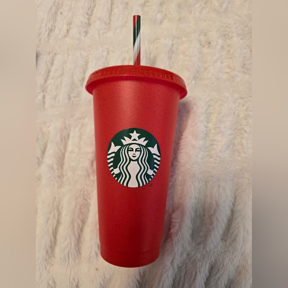 Starbucks 2023 Holiday Red Glitter Cold Cup With Straw And Lid Reusable 24oz New